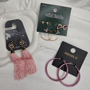 Earrings Lot of 5 Pairs Pierced Earrings Pink Hoops Tassels Studs Hearts Set